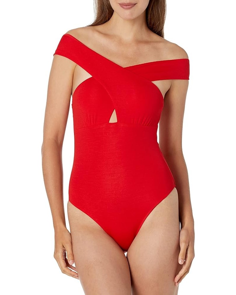 Women's Standard One Piece Swimsuit with Cross Front Off The Shoulder Straps Red $25.39 Swimsuits