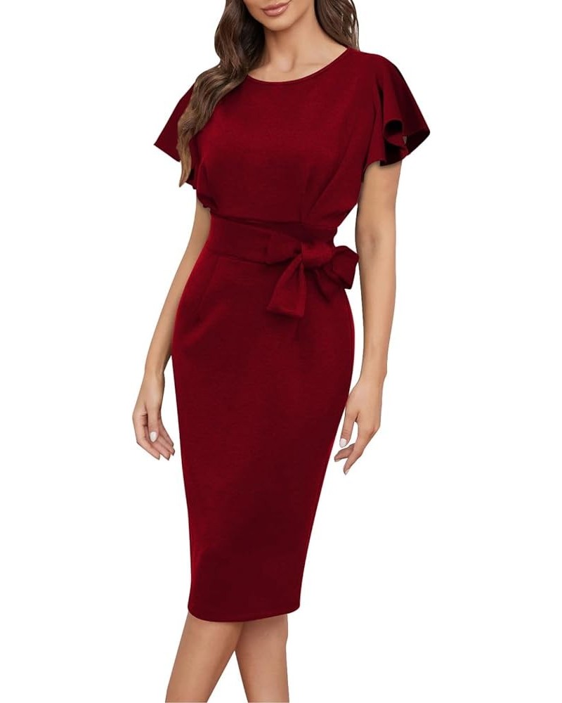 Women's Bodycon Midi Dresses Crewneck Ruffle Sleeve Empire Waist Wear to Work Business Cocktail Party Pencil Dress Red $17.86...