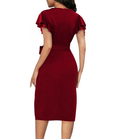 Women's Bodycon Midi Dresses Crewneck Ruffle Sleeve Empire Waist Wear to Work Business Cocktail Party Pencil Dress Red $17.86...