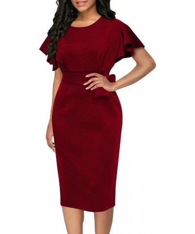 Women's Bodycon Midi Dresses Crewneck Ruffle Sleeve Empire Waist Wear to Work Business Cocktail Party Pencil Dress Red $17.86...