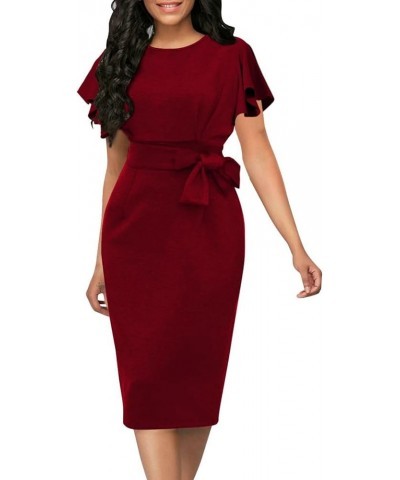 Women's Bodycon Midi Dresses Crewneck Ruffle Sleeve Empire Waist Wear to Work Business Cocktail Party Pencil Dress Red $17.86...