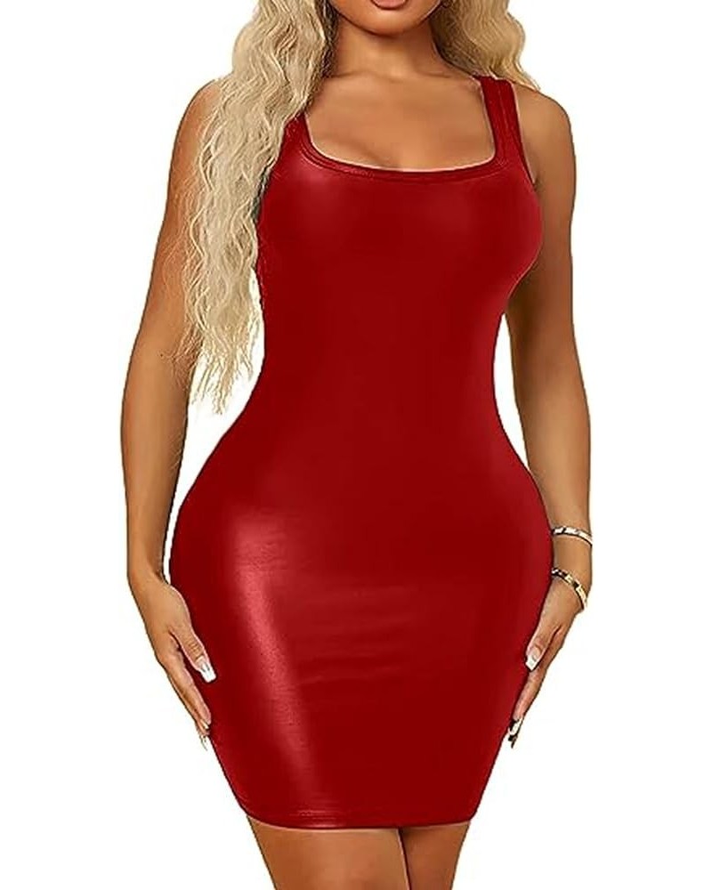 Women's Sexy Sleeveless Pu Leather Bodycon Mini Dress Slim Fit Package Hip Tank Club Dresses Red $15.65 Dresses