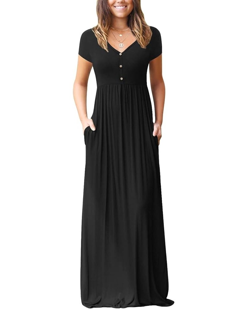 Womens Casual Long Dress Short/Long Sleeve Summer Loose Maxi Dresses with Pockets Short Sleeve 01 Black $11.20 Dresses