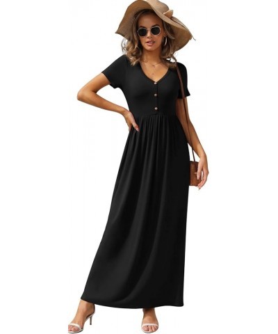 Womens Casual Long Dress Short/Long Sleeve Summer Loose Maxi Dresses with Pockets Short Sleeve 01 Black $11.20 Dresses