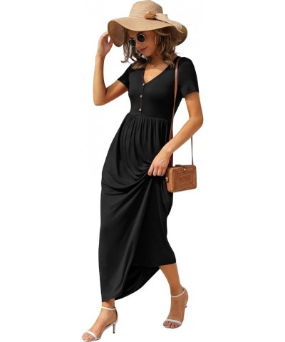 Womens Casual Long Dress Short/Long Sleeve Summer Loose Maxi Dresses with Pockets Short Sleeve 01 Black $11.20 Dresses