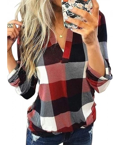 Womens Basic Casual V Neck Plaid Print Cotton Cuffed Long Sleeve Work Tops Blouses Shirts S-3XL Red $13.89 Blouses