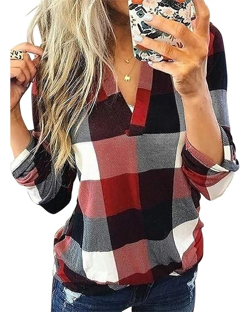 Womens Basic Casual V Neck Plaid Print Cotton Cuffed Long Sleeve Work Tops Blouses Shirts S-3XL Red $13.89 Blouses