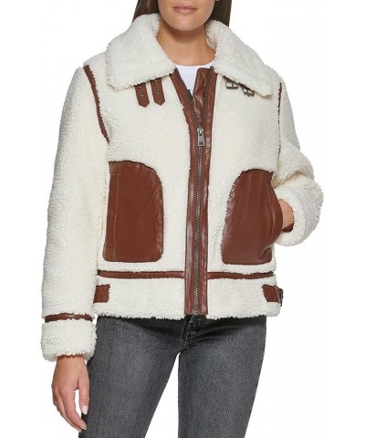 Women's Sherpa Moto Jacket (Standard & Plus Sizes) Cream/Brown $48.78 Coats