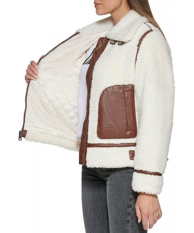 Women's Sherpa Moto Jacket (Standard & Plus Sizes) Cream/Brown $48.78 Coats