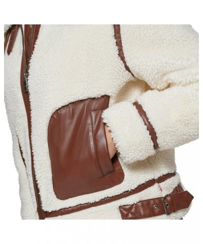 Women's Sherpa Moto Jacket (Standard & Plus Sizes) Cream/Brown $48.78 Coats