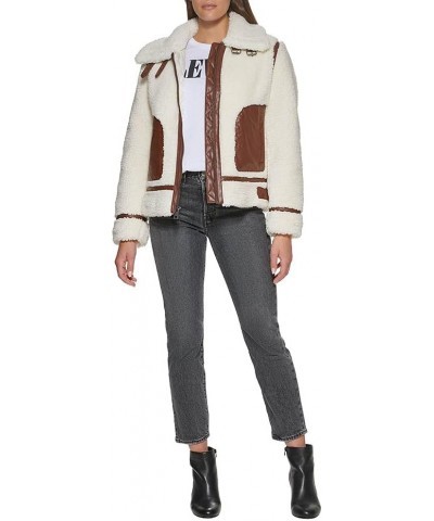 Women's Sherpa Moto Jacket (Standard & Plus Sizes) Cream/Brown $48.78 Coats