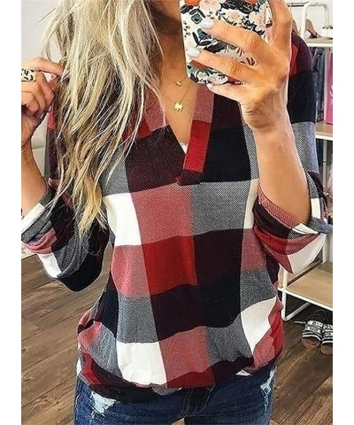 Womens Basic Casual V Neck Plaid Print Cotton Cuffed Long Sleeve Work Tops Blouses Shirts S-3XL Red $13.89 Blouses