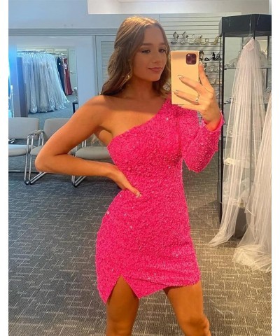 Sparkly Sequin One Shoulder Homecoming Dresses for Teens 2024 Long Sleeve Prom Dress Short Champagne $28.59 Dresses