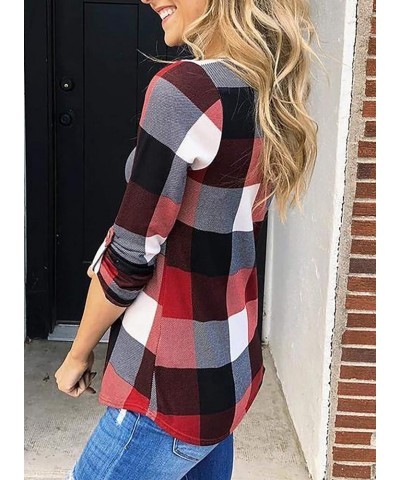 Womens Basic Casual V Neck Plaid Print Cotton Cuffed Long Sleeve Work Tops Blouses Shirts S-3XL Red $13.89 Blouses