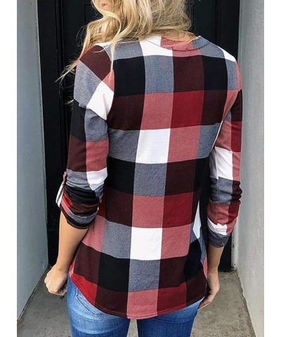 Womens Basic Casual V Neck Plaid Print Cotton Cuffed Long Sleeve Work Tops Blouses Shirts S-3XL Red $13.89 Blouses