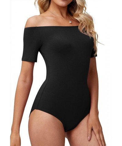 LAOALSI Women's Off Shoulder Bodysuit Short Sleeve Slim Fit Casual Basic Body suit Tops T Shirts 01 Black $11.75 Bodysuits