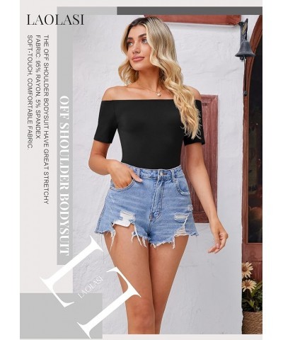 LAOALSI Women's Off Shoulder Bodysuit Short Sleeve Slim Fit Casual Basic Body suit Tops T Shirts 01 Black $11.75 Bodysuits