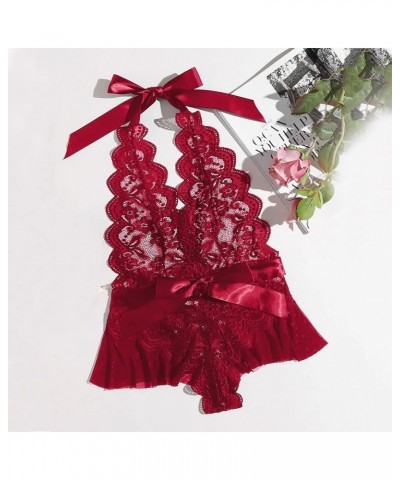 Women's Lingerie, Sleep & Lounge Bodysuit Lace Bowknot One Piece Halter Lingerie Deep V High Cut Teddy Sexy Babydoll Red $7.0...