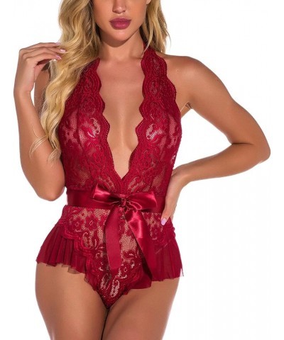 Women's Lingerie, Sleep & Lounge Bodysuit Lace Bowknot One Piece Halter Lingerie Deep V High Cut Teddy Sexy Babydoll Red $7.0...