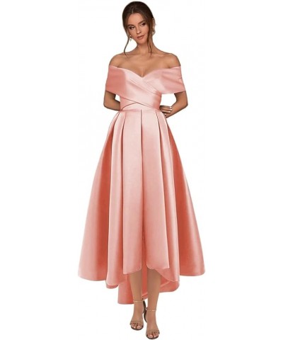 Women's Off The Shoulder Short Prom Dresses with Pockets Tea Length Aline Satin High Low Cocktail Party Dress Blush Pink $34....