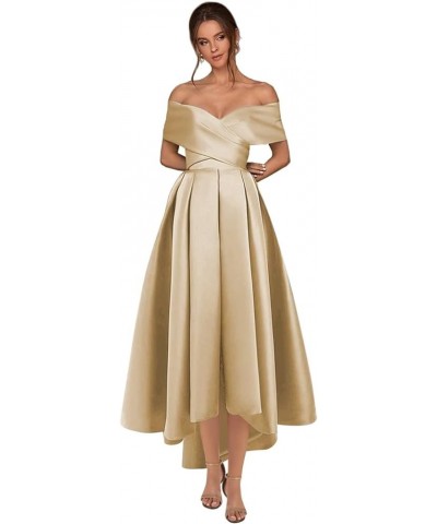 Women's Off The Shoulder Short Prom Dresses with Pockets Tea Length Aline Satin High Low Cocktail Party Dress Blush Pink $34....