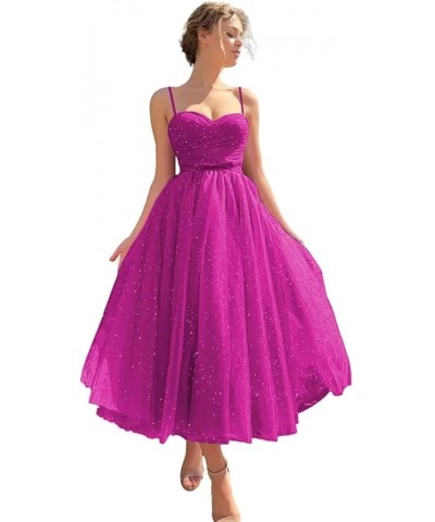 Spaghetti Straps Starry Prom Dresses Sparkly Puffy Tulle Ball Gown Tea Length Formal Evening Party Dress Fuchsia $31.19 Dresses