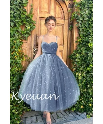 Spaghetti Straps Starry Prom Dresses Sparkly Puffy Tulle Ball Gown Tea Length Formal Evening Party Dress Fuchsia $31.19 Dresses