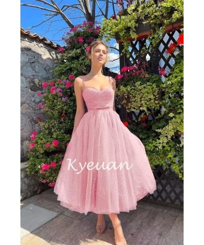 Spaghetti Straps Starry Prom Dresses Sparkly Puffy Tulle Ball Gown Tea Length Formal Evening Party Dress Fuchsia $31.19 Dresses