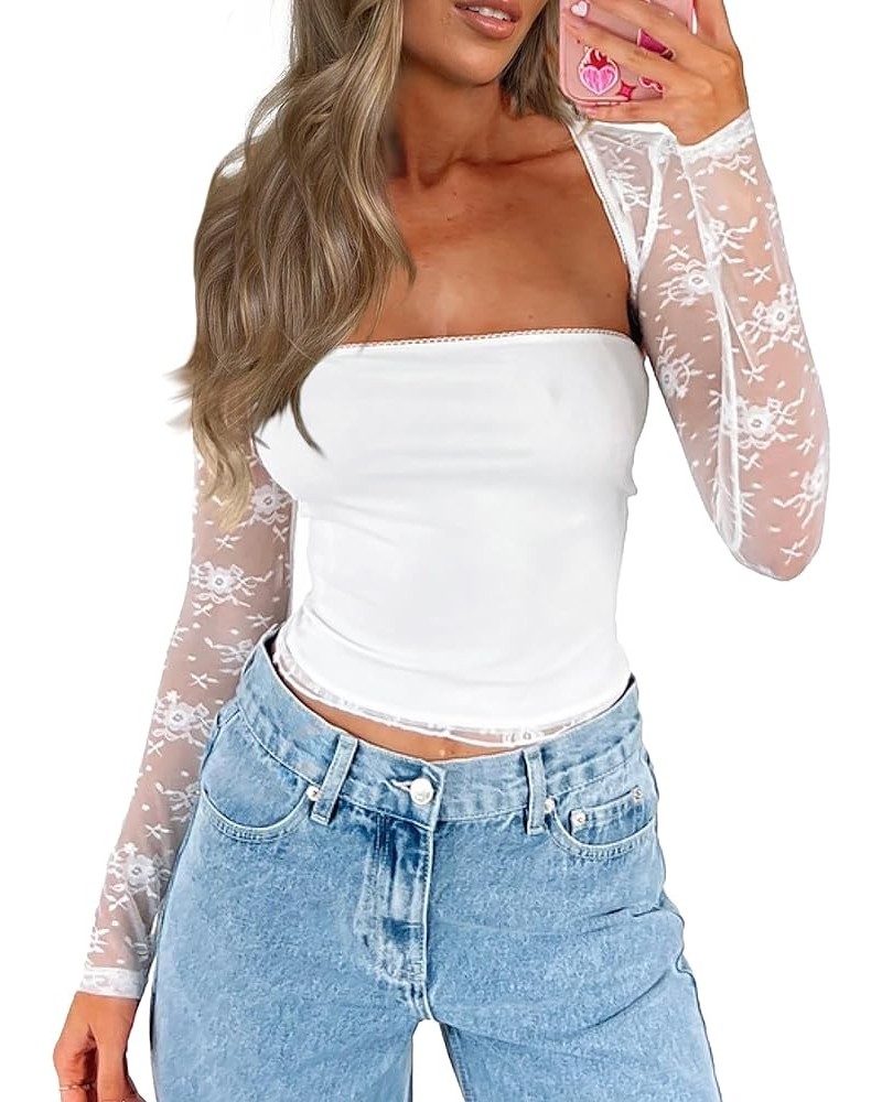 Women's Floral Lace Long Sleeve Square Neck Crop Top T Shirt Strapless Tube Top and Bolero Set Lace White $8.80 Tops