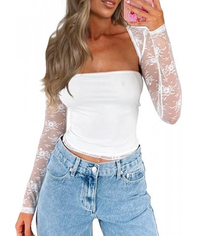 Women's Floral Lace Long Sleeve Square Neck Crop Top T Shirt Strapless Tube Top and Bolero Set Lace White $8.80 Tops