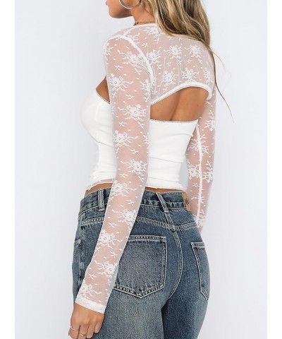 Women's Floral Lace Long Sleeve Square Neck Crop Top T Shirt Strapless Tube Top and Bolero Set Lace White $8.80 Tops