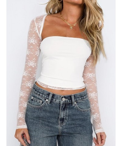 Women's Floral Lace Long Sleeve Square Neck Crop Top T Shirt Strapless Tube Top and Bolero Set Lace White $8.80 Tops