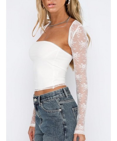 Women's Floral Lace Long Sleeve Square Neck Crop Top T Shirt Strapless Tube Top and Bolero Set Lace White $8.80 Tops