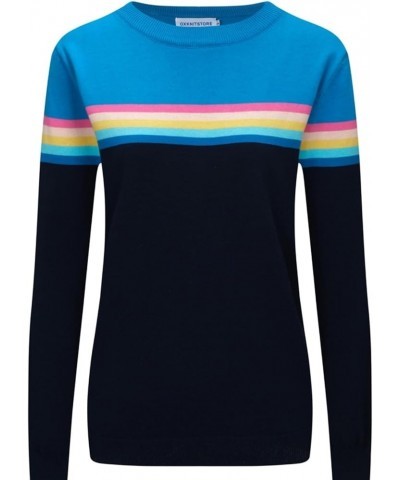 Women's 1960s Retro Knit Long Sleeve, Striped Knit T-Shirts Rainbow Blue $20.25 T-Shirts