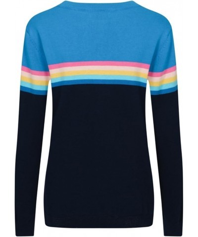 Women's 1960s Retro Knit Long Sleeve, Striped Knit T-Shirts Rainbow Blue $20.25 T-Shirts