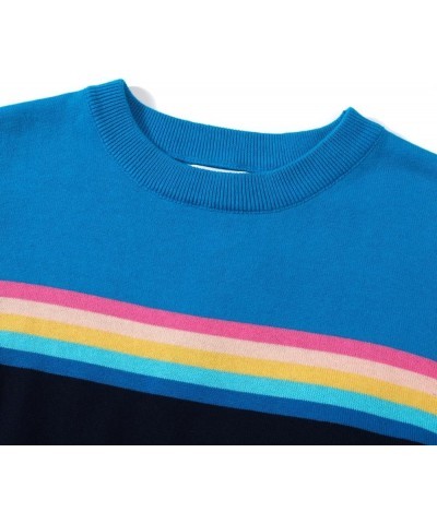 Women's 1960s Retro Knit Long Sleeve, Striped Knit T-Shirts Rainbow Blue $20.25 T-Shirts