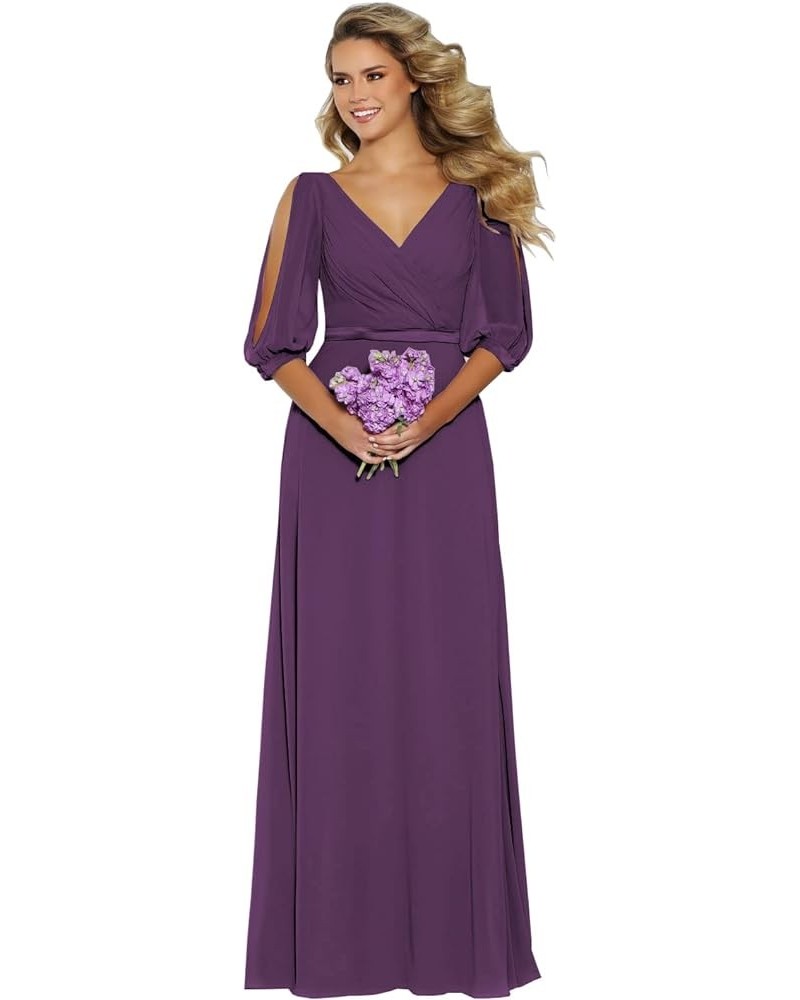 Women's Short Sleeve Bridesmaid Dresses for Wedding Long V Neck Chiffon Modest Party Evening Gowns Plum $31.89 Dresses