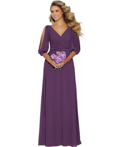 Women's Short Sleeve Bridesmaid Dresses for Wedding Long V Neck Chiffon Modest Party Evening Gowns Plum $31.89 Dresses