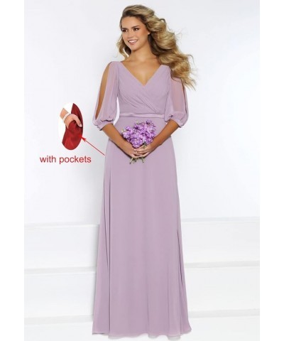 Women's Short Sleeve Bridesmaid Dresses for Wedding Long V Neck Chiffon Modest Party Evening Gowns Plum $31.89 Dresses