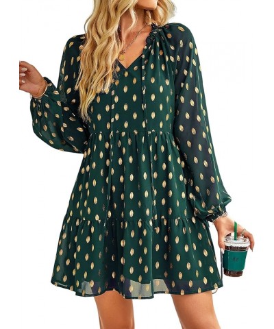 Women's Long Sleeve V Neck Polka Dot Dress Casual High Waist Ruffle Boho Vintage Flowy Swing Tiered Tunic Mini Dresses Dark G...