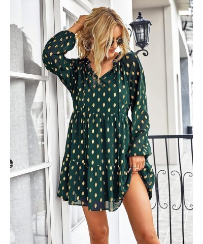 Women's Long Sleeve V Neck Polka Dot Dress Casual High Waist Ruffle Boho Vintage Flowy Swing Tiered Tunic Mini Dresses Dark G...