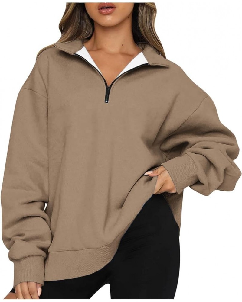 Womens Fall Fashion 2023 Quarter Zip Long Sleeve Sweatshirt Solid Color Loose Trendy Pullover Sweatshirts Clothing Brown 13 $...