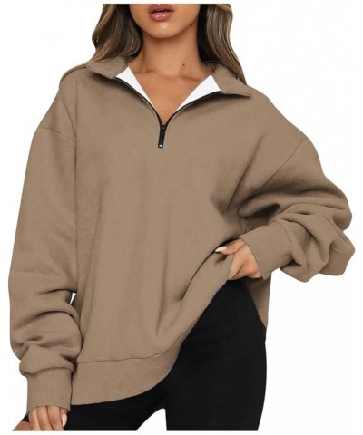 Womens Fall Fashion 2023 Quarter Zip Long Sleeve Sweatshirt Solid Color Loose Trendy Pullover Sweatshirts Clothing Brown 13 $...