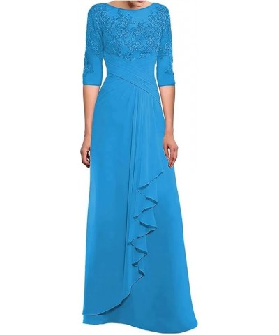 Mother of The Bride Dresses Laces Appliques 3/4 Sleeve Chiffon Ruched Formal Evening Gown for Wedding Blue $46.79 Dresses