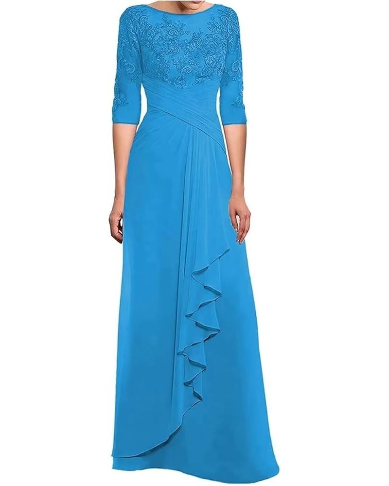 Mother of The Bride Dresses Laces Appliques 3/4 Sleeve Chiffon Ruched Formal Evening Gown for Wedding Blue $46.79 Dresses