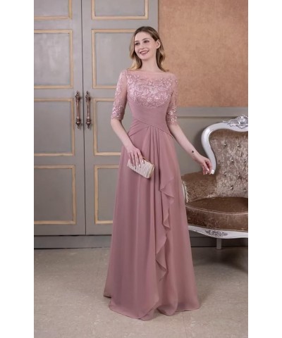 Mother of The Bride Dresses Laces Appliques 3/4 Sleeve Chiffon Ruched Formal Evening Gown for Wedding Blue $46.79 Dresses