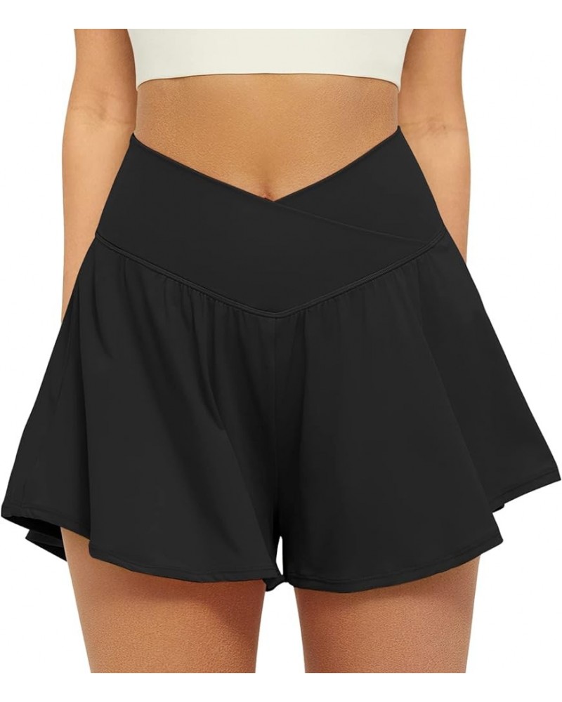 Crossover Athletic Shorts for Women 2 in 1 Flowy Running Shorts with Pockets Spandex Butterfly Workout Tennis Skorts Black $1...