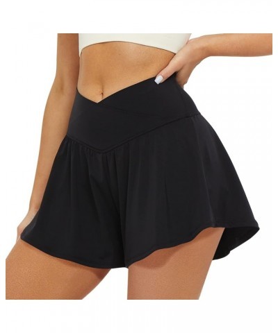 Crossover Athletic Shorts for Women 2 in 1 Flowy Running Shorts with Pockets Spandex Butterfly Workout Tennis Skorts Black $1...