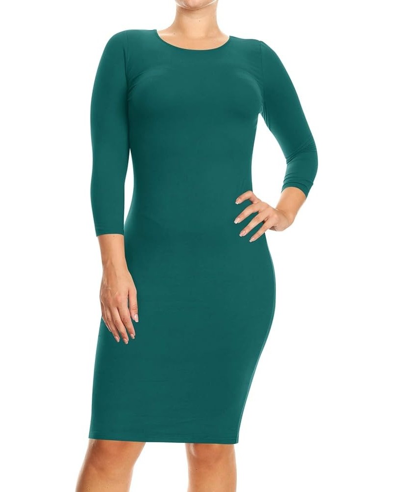 Women's Plus Size Comfy Stretch Crew Neck 3/4 Sleeves Solid Slim Fit Bodycon Midi Dress Mdr00927 Hunter Green $11.63 Dresses