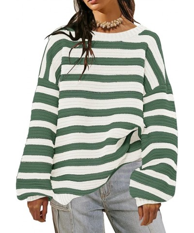 Women Striped Sweater Oversized Long Sleeve Crew Neck Ribbed Knit 2023 Pullover Sweater Tops for Fall Winter Striped Green $2...